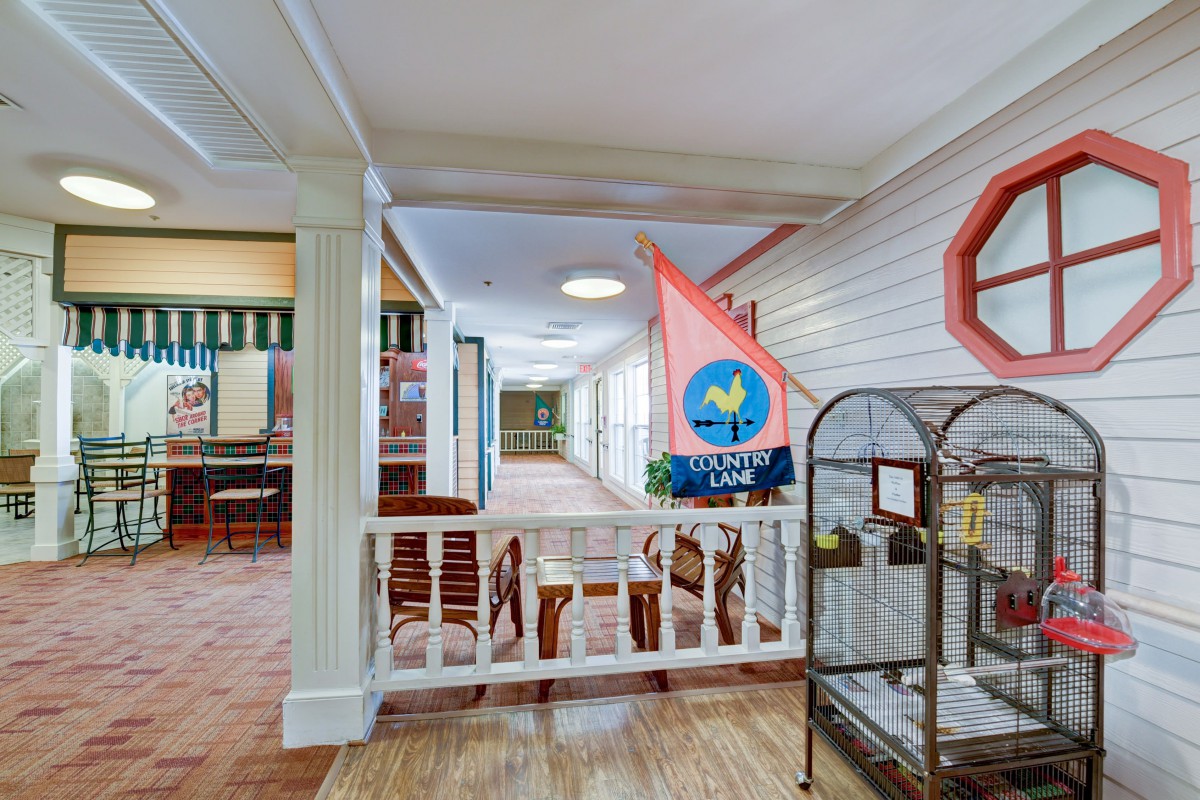 A hallway with nautical decor, featuring a flag and a display case set against a wooden floor.