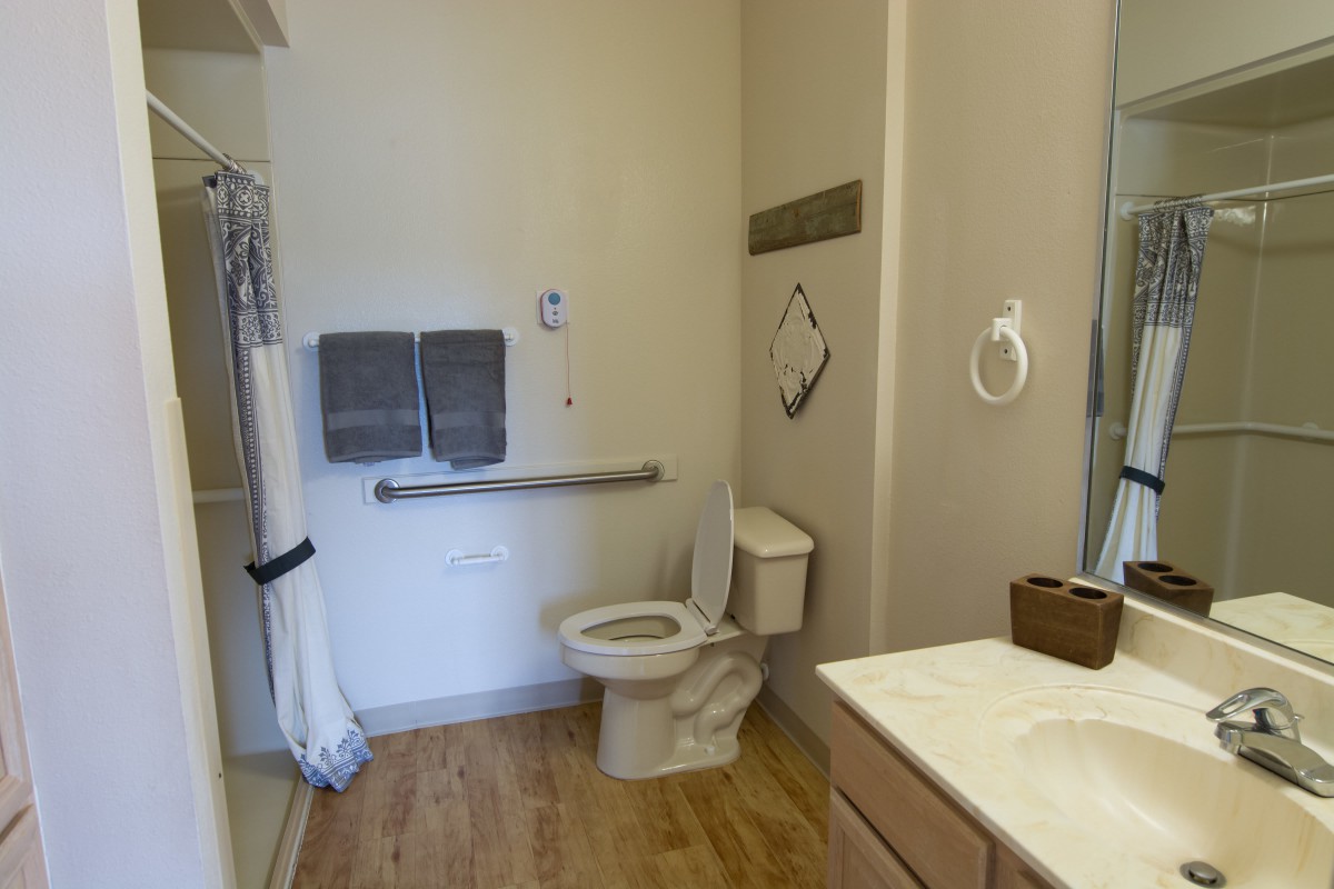 A clean and accessible bathroom featuring a toilet, sink, and grab bar.