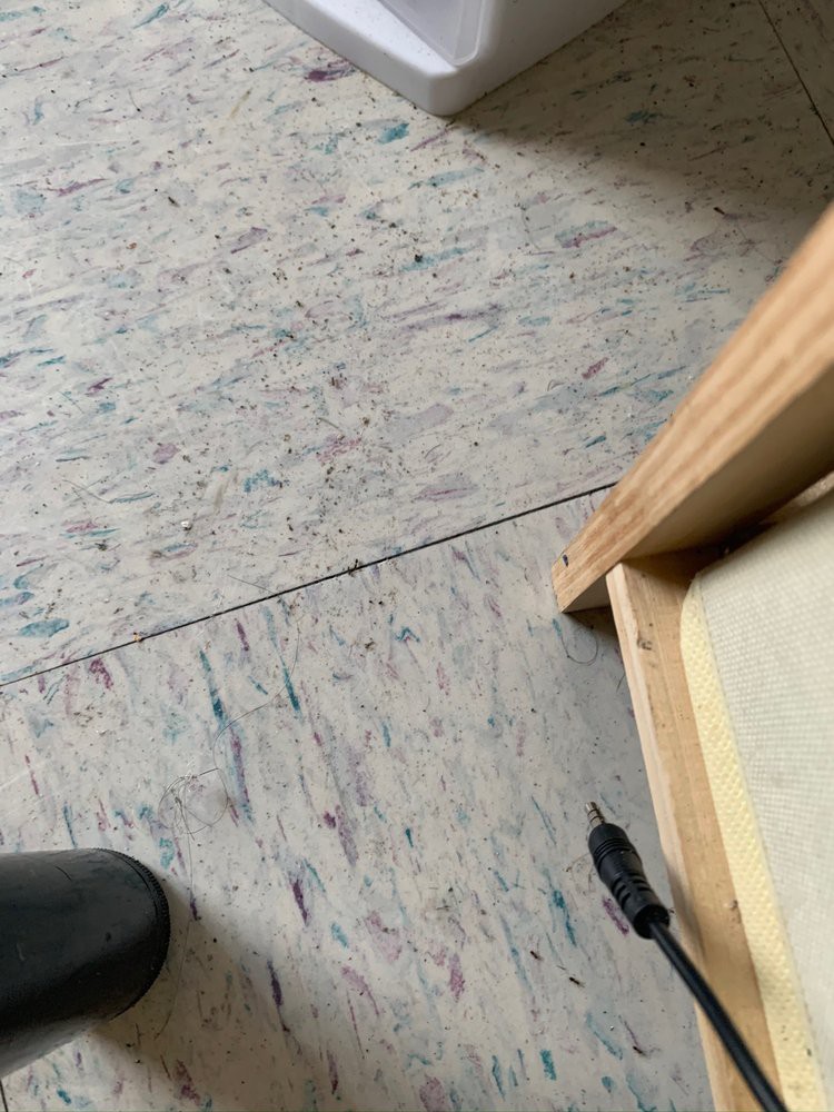 A chair leg on a tiled floor with a cable nearby.