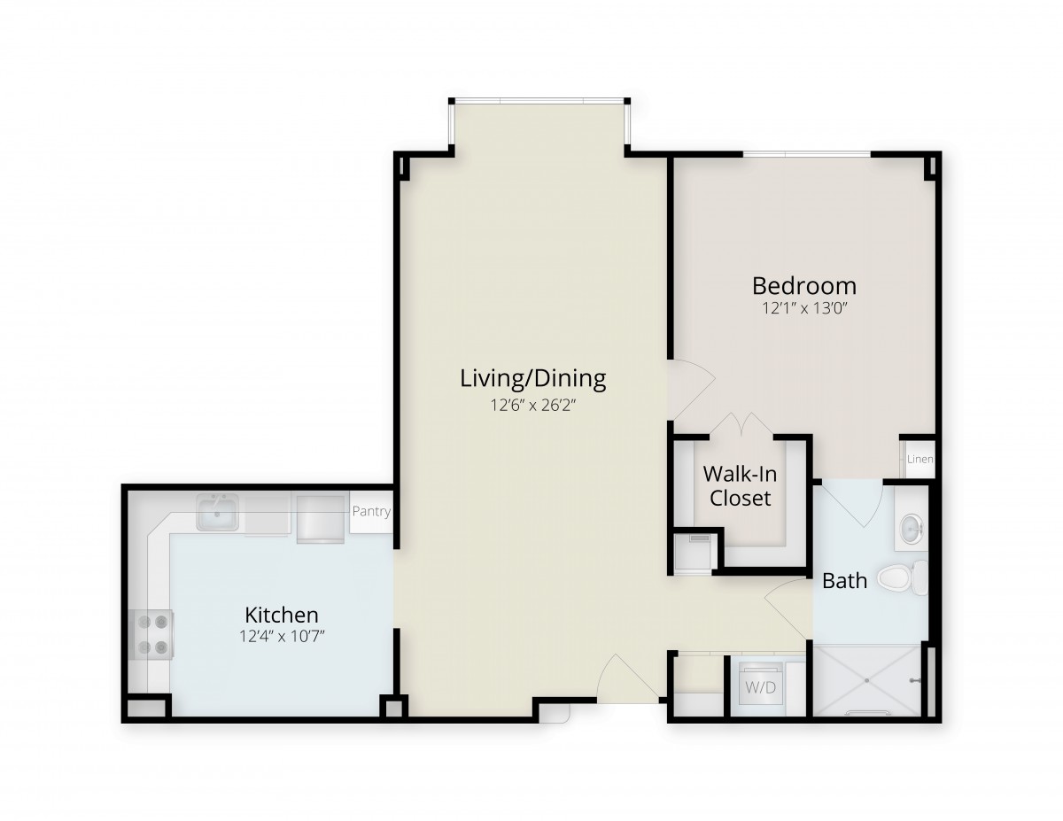 A floor plan of an apartment featuring a living/dining area, bedroom, kitchen, walk-in closet, and bathroom.