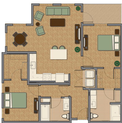 A detailed floor plan of an apartment showing the arrangement of rooms and furniture.