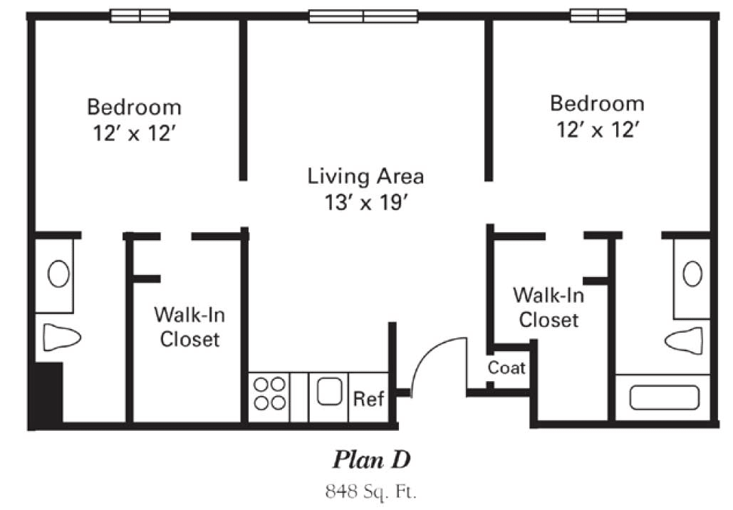 Floor plan of a two-bedroom apartment with living area and walk-in closets.