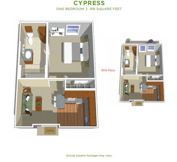 A 3D floor plan of a two-bedroom apartment named 'Cypress', showcasing the layout across two floors.