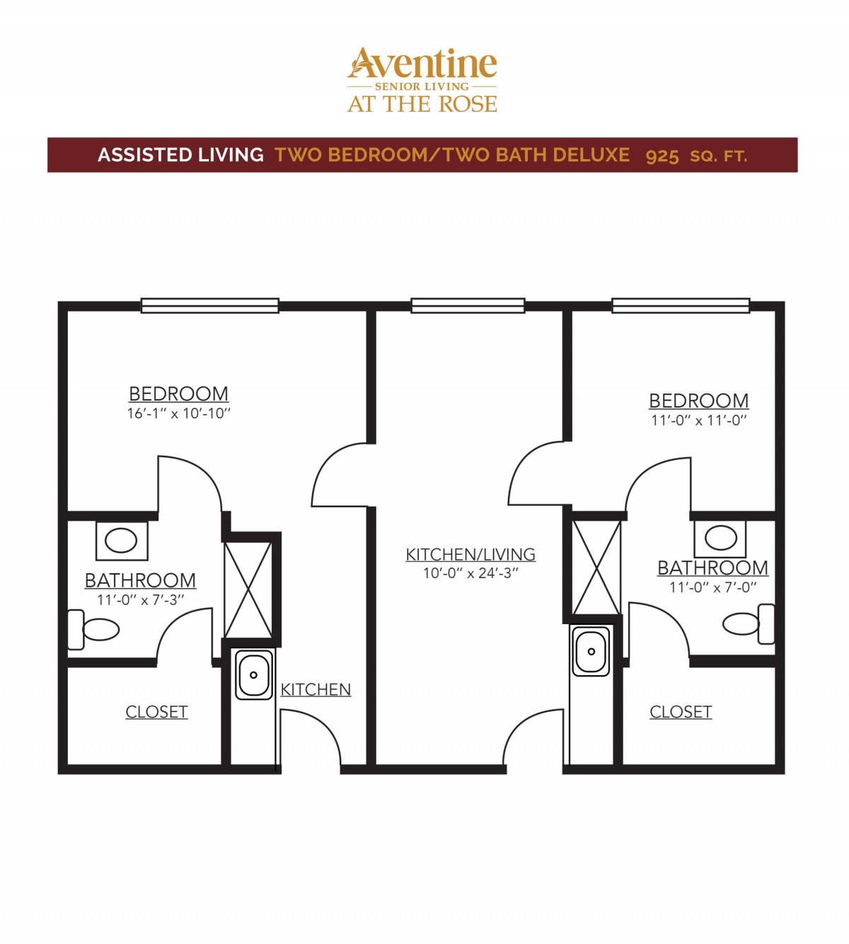 Floor plan of an assisted living apartment with two bedrooms and two bathrooms.