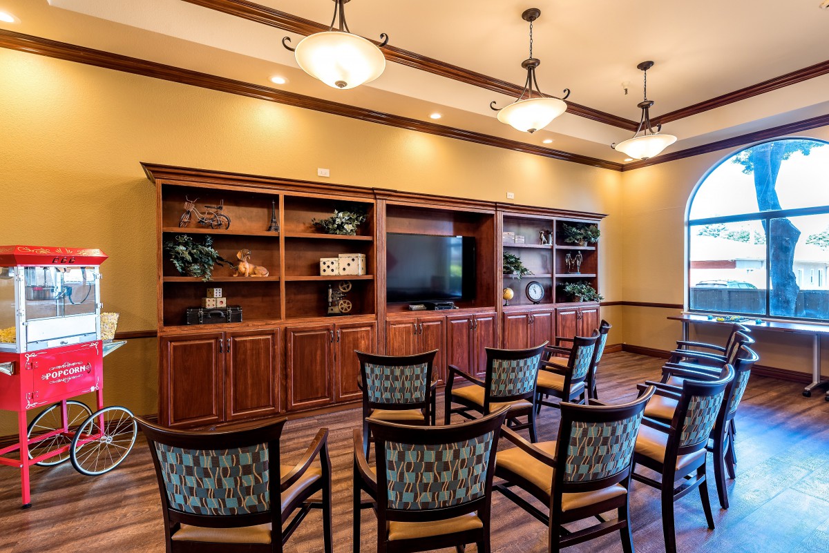 A conference room with arranged seating, a television on wooden shelves, and overhead lighting.