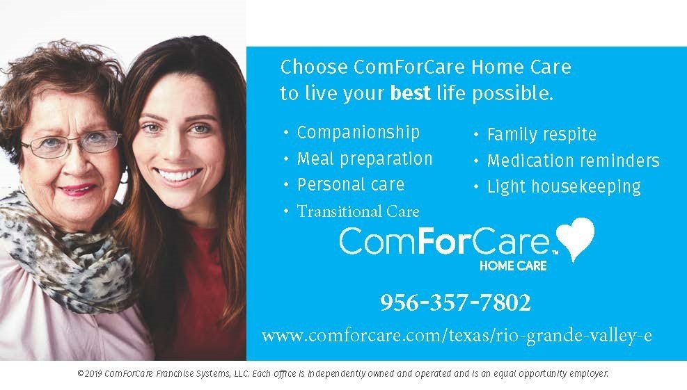 ComForCare Home Care services advertisement highlighting companionship, meal preparation, and personal care.