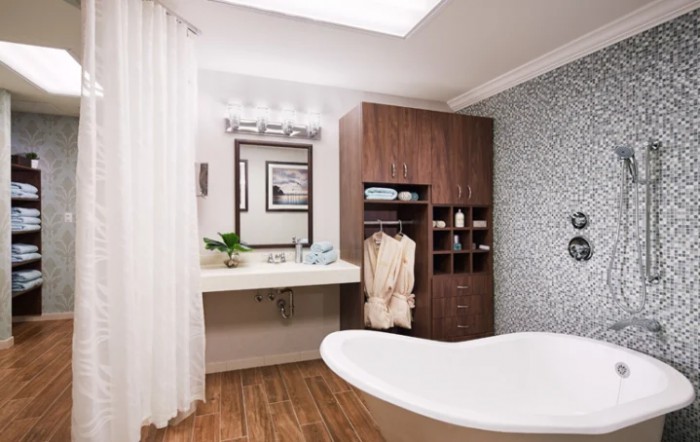 A modern bathroom featuring a sleek bathtub, wood cabinetry, and stylish decor.