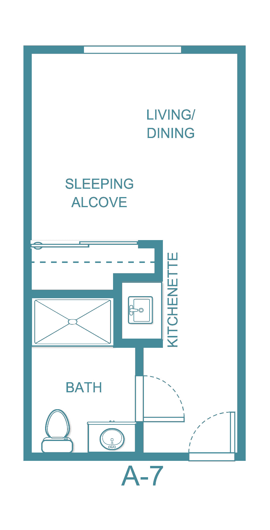 Studio apartment floor plan with dining area, sleeping alcove, kitchenette, and bath.