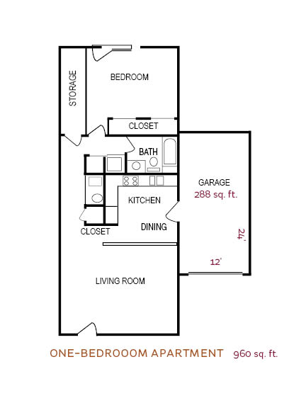 One-bedroom apartment floor plan with attached garage.