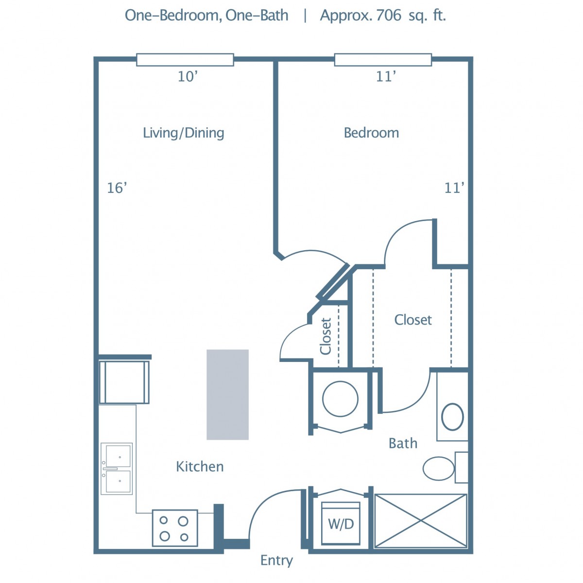 Floor plan of a one-bedroom, one-bathroom apartment approximately 700 sq. ft.