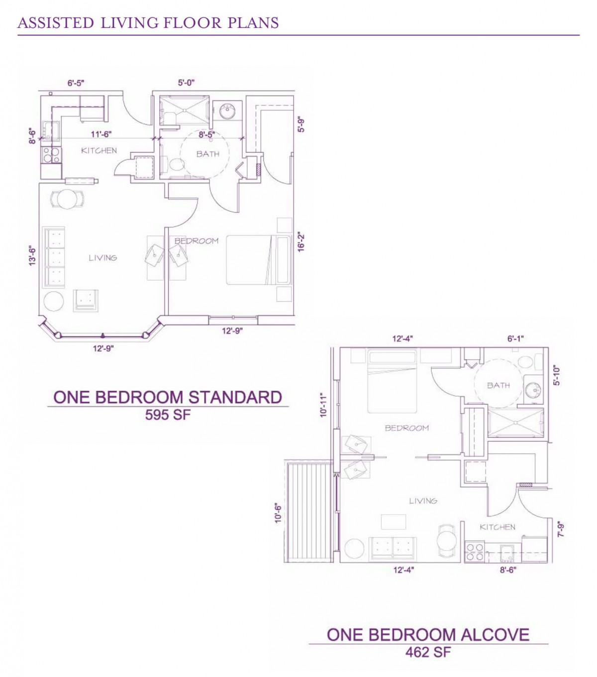 Floor plans for one-bedroom standard and deluxe apartments.