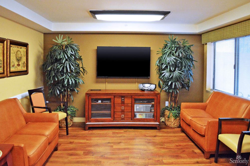 A cozy living room with a wall-mounted TV, surrounded by plants and comfortable seating.