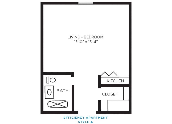 Floor plan of an efficiency apartment with living-bedroom, bath, kitchen, and closet.