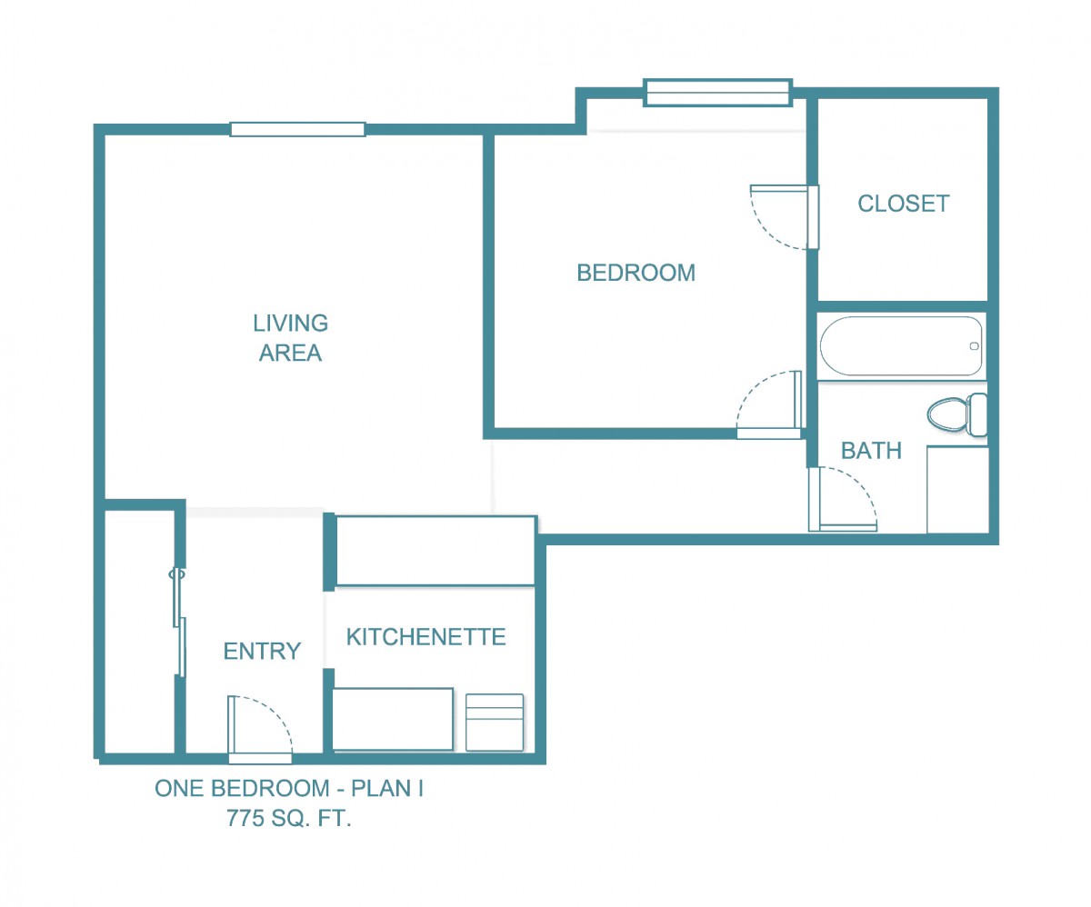 One-bedroom apartment floor plan with a living area, kitchenette, bedroom, bathroom, and closet.