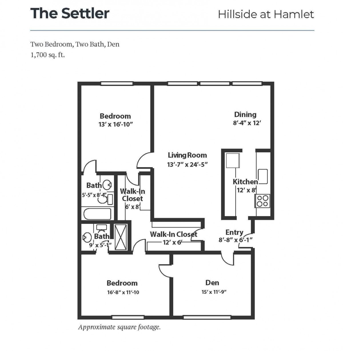 Floor plan of a two-bedroom apartment named 'The Settler' at Hebble at Hamlet.