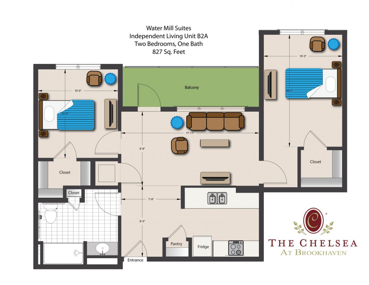 Floor plan of an apartment unit with two bedrooms and two bathrooms.