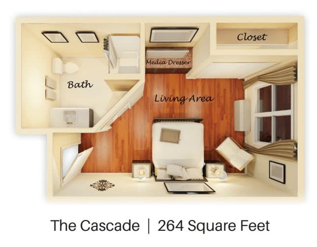 The Cascade studio apartment floor plan, featuring a compact layout covering 264 square feet.