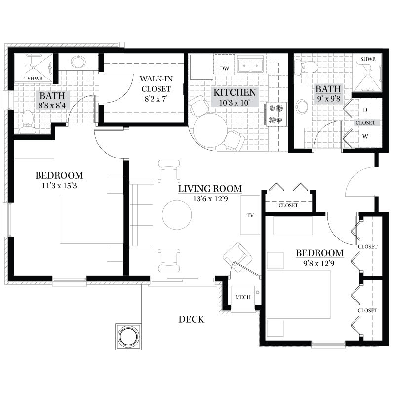 A floor plan of a residential building with designated living areas, bedrooms, kitchen, and bathroom.