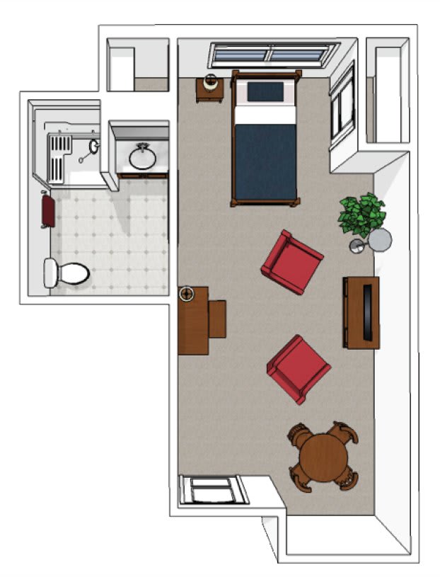 A floor plan of a small apartment showing the arrangement of furniture and the bathroom layout.