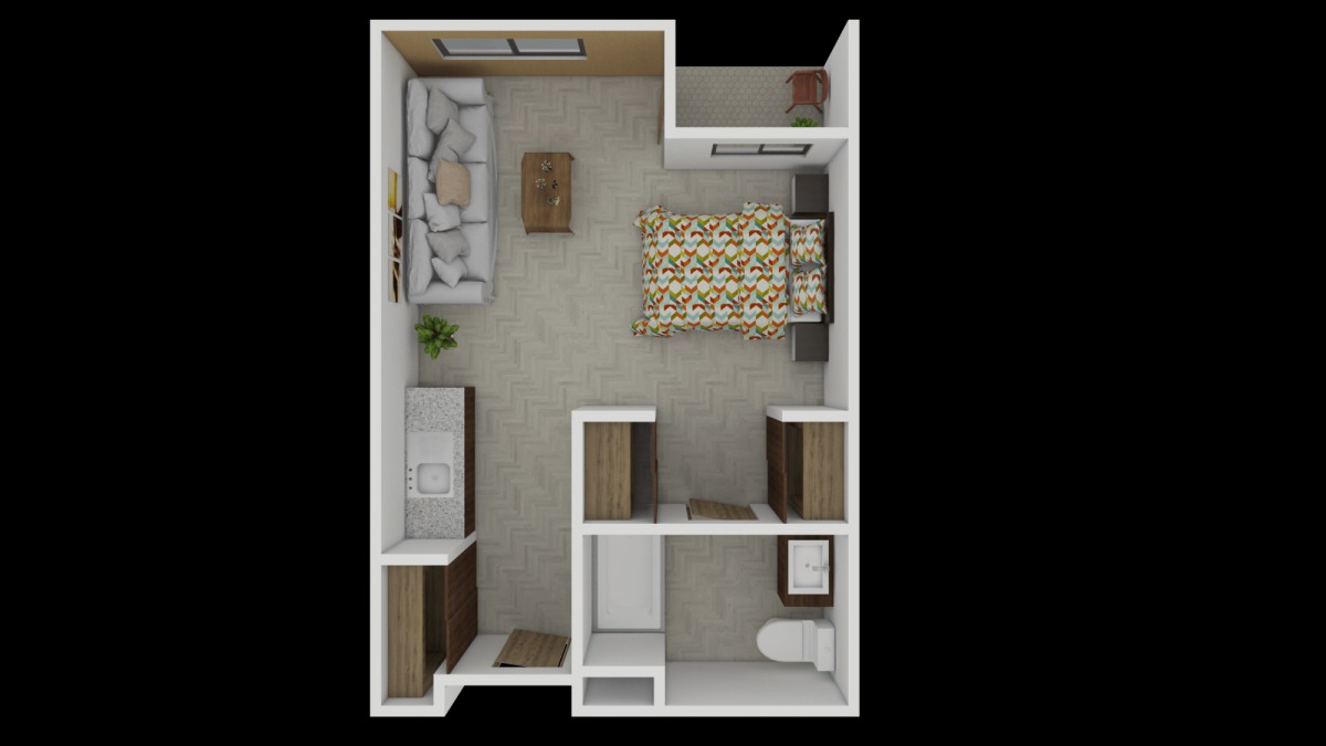 A compact apartment floor plan featuring a spacious living area, a cozy bedroom, and a bathroom.