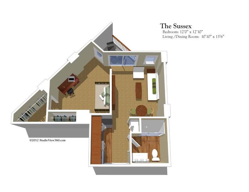 A 3D floor plan of a one-bedroom apartment featuring a living room, kitchen, and bathroom.