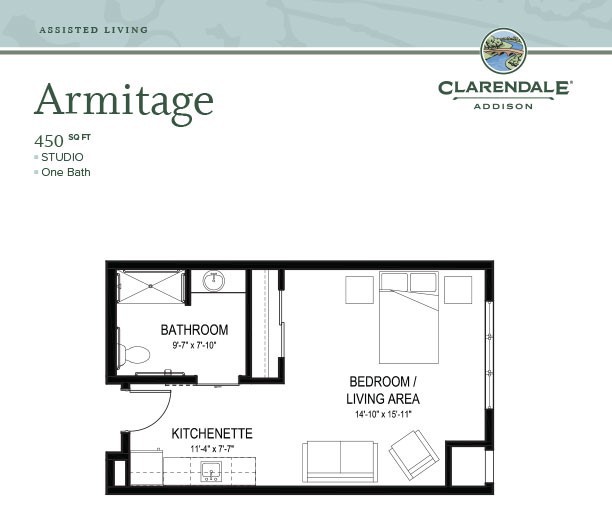 Studio apartment floor plan with kitchenette and bathroom.