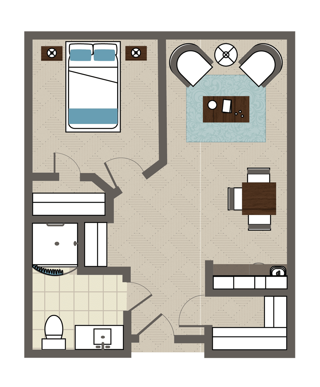 This is a floor plan of a one-bedroom apartment featuring a living room, kitchen, bathroom, and furnished spaces.