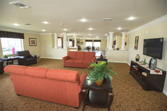 A spacious living room with comfortable sofas and elegant decor.
