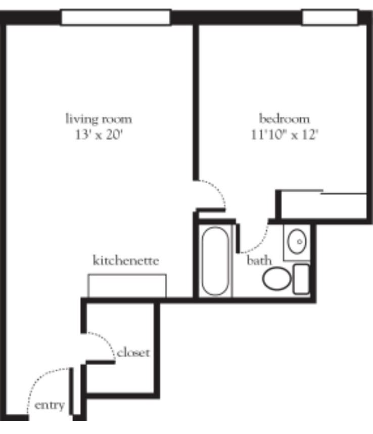 A floor plan of a one-bedroom apartment with a living room, kitchenette, bathroom, and closet.