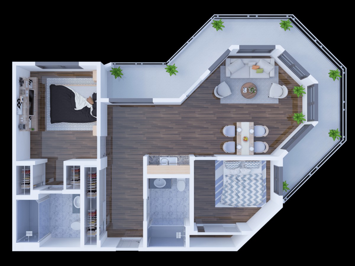A top-view floor plan of an apartment showcasing interior design and furniture arrangement.