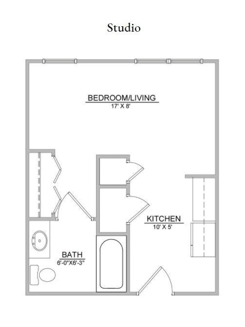 A simple floor plan showing the layout of an apartment including the kitchen, bath, and living room areas.