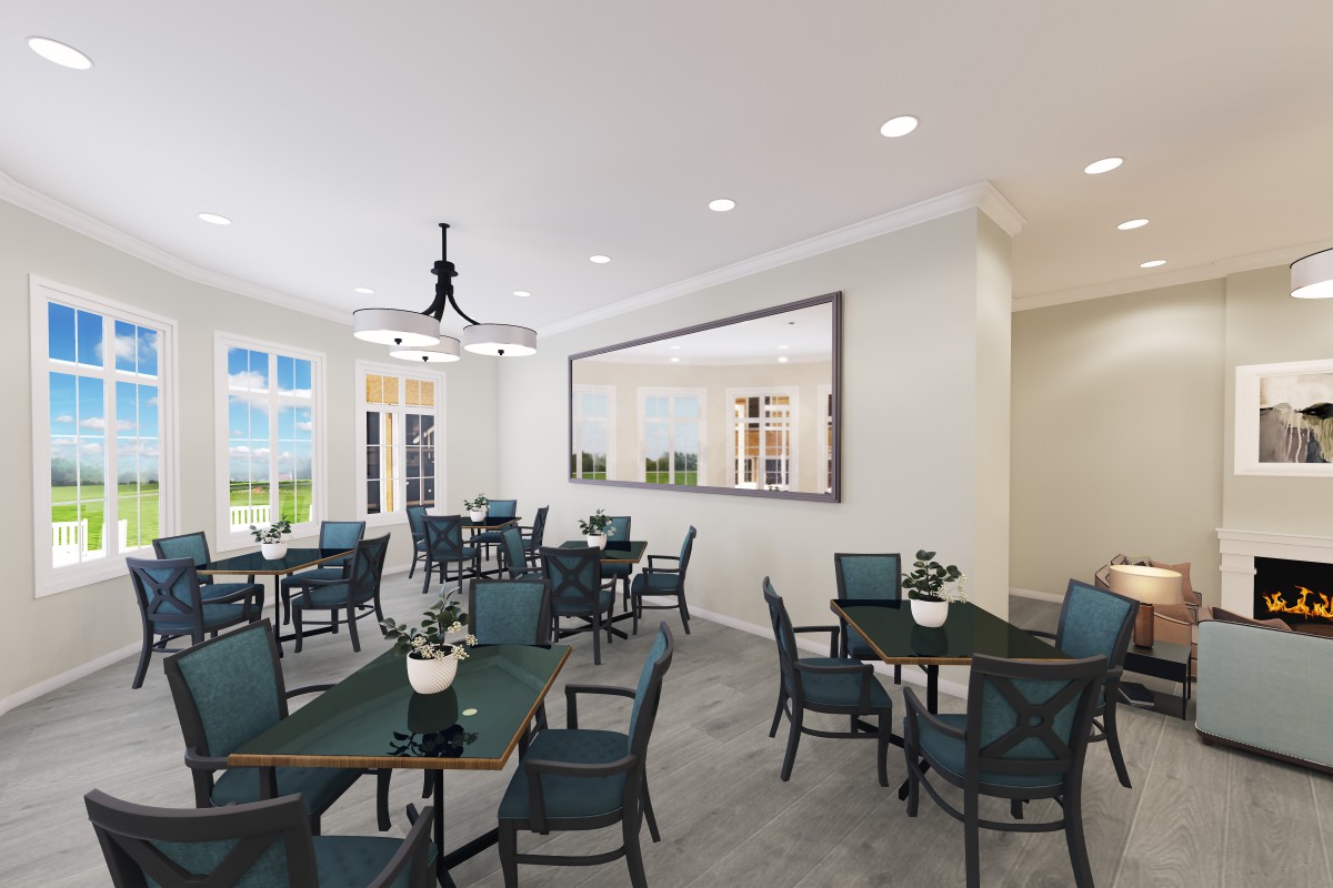 A modern and bright dining area with neatly arranged tables and chairs, featuring elegant lighting and decor.
