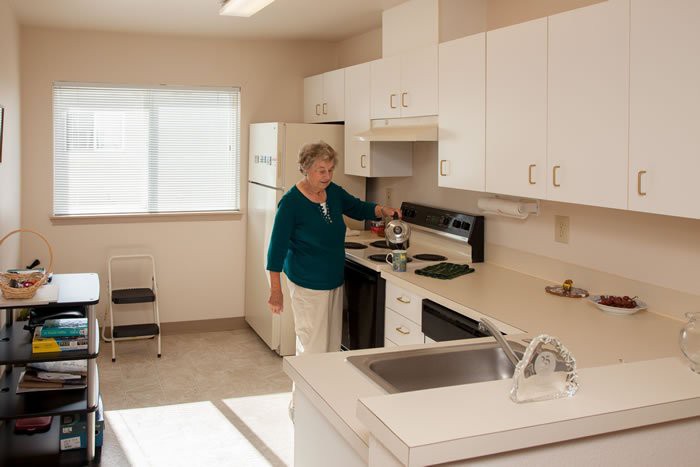 A woman stands in a kitchen preparing something on the stove.