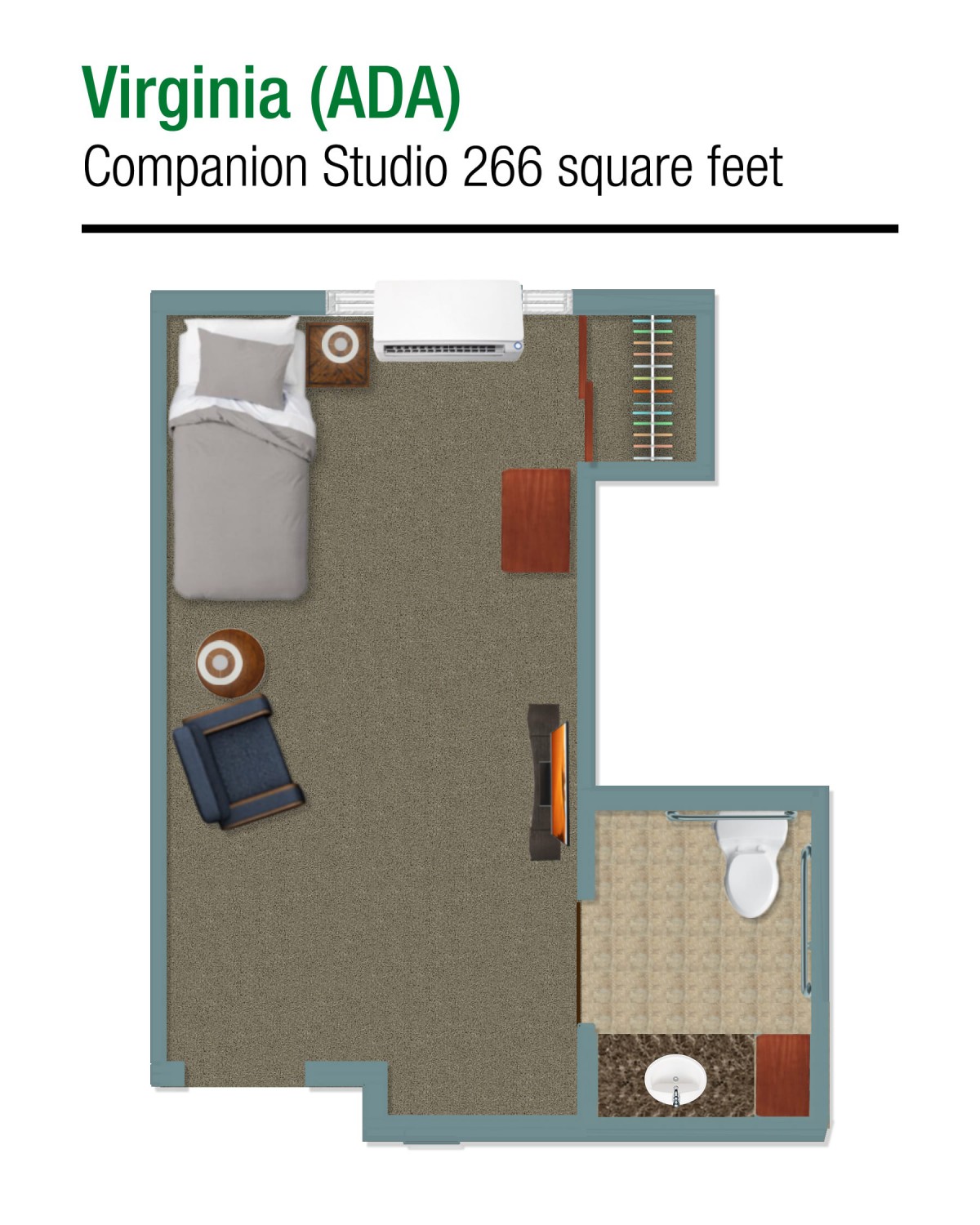 Floor plan of a 266 square feet companion studio.