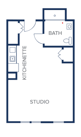 Floor plan of a studio apartment with kitchenette and bathroom.