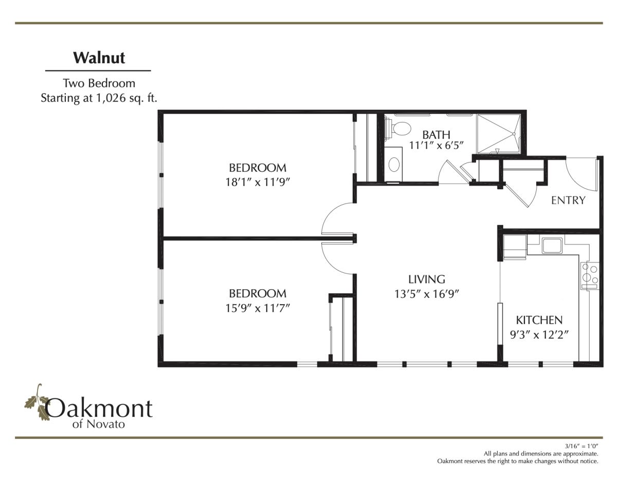 A floor plan of a two-bedroom, one-bathroom apartment layout.