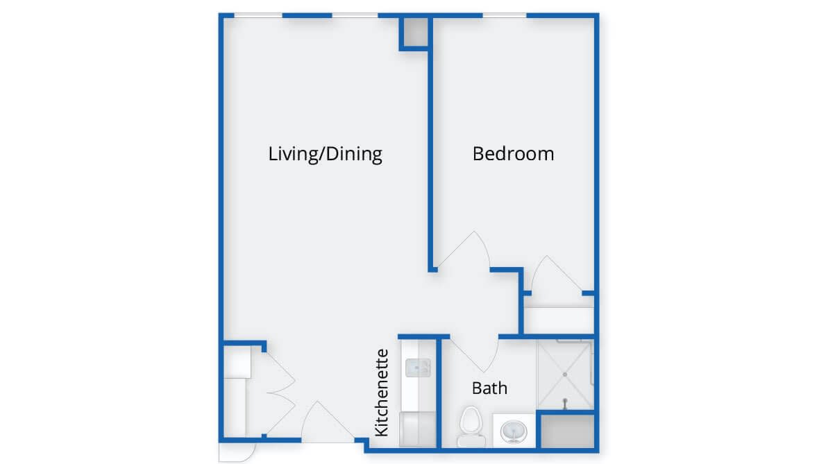 A simple one-bedroom apartment floor plan featuring a combined living and dining area, a kitchenette, and a bathroom.