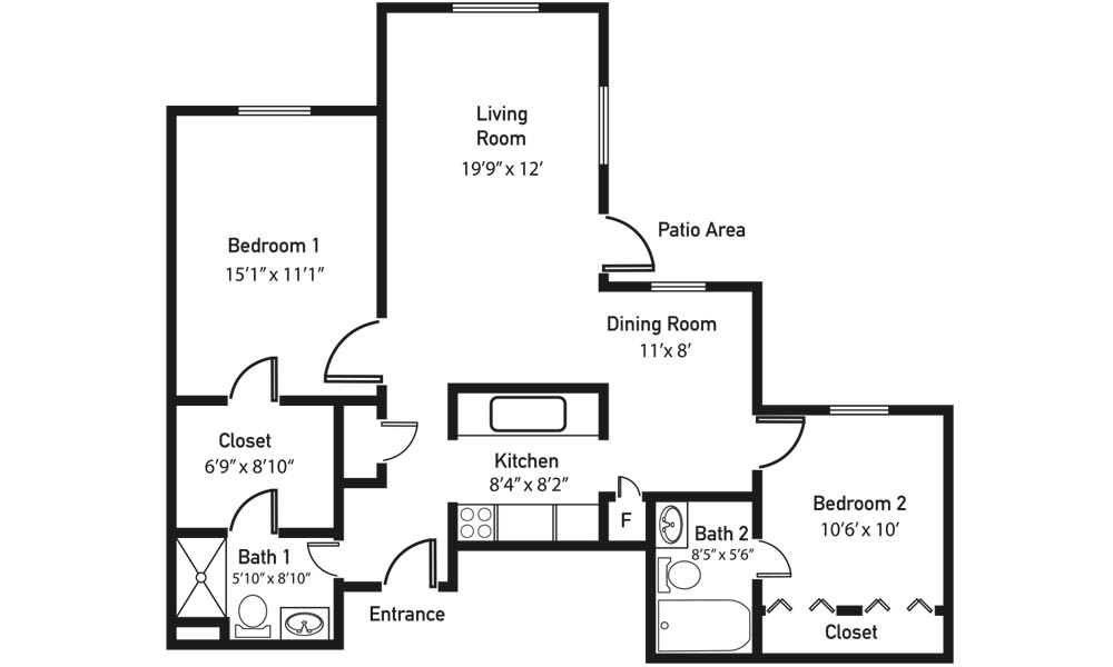 A floor plan of a two-bedroom apartment with labeled rooms and measurements.