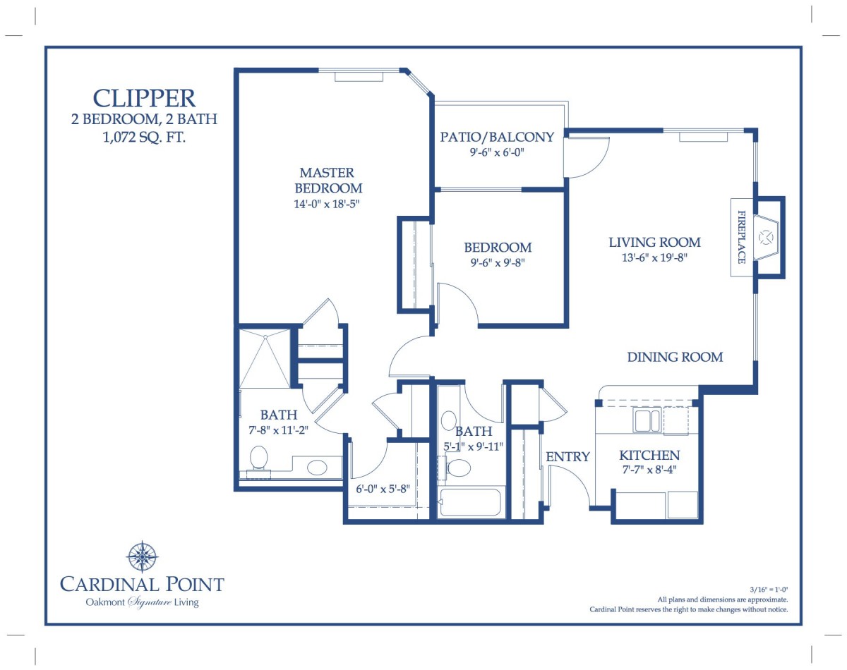 Blueprint of a residential apartment named 'Clipper' featuring three bedrooms, two bathrooms, kitchen, and living areas.