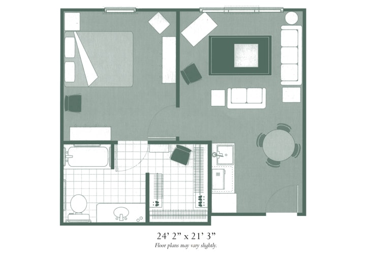 A floor plan of a one-bedroom apartment layout showing a living room, kitchen, and bathroom.