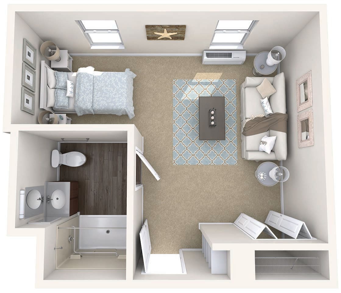 A cozy studio apartment floor plan featuring a bedroom, living room, kitchen, and bathroom layout.
