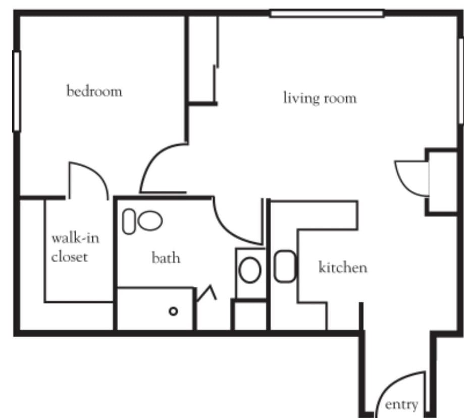 A floor plan showing the layout of an apartment with labeled rooms including a bedroom, living room, kitchen, bath, and walk-in closet.