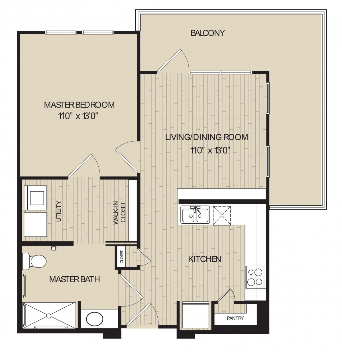 One-bedroom apartment floor plan with living/dining room, kitchen, bathroom, and balcony.