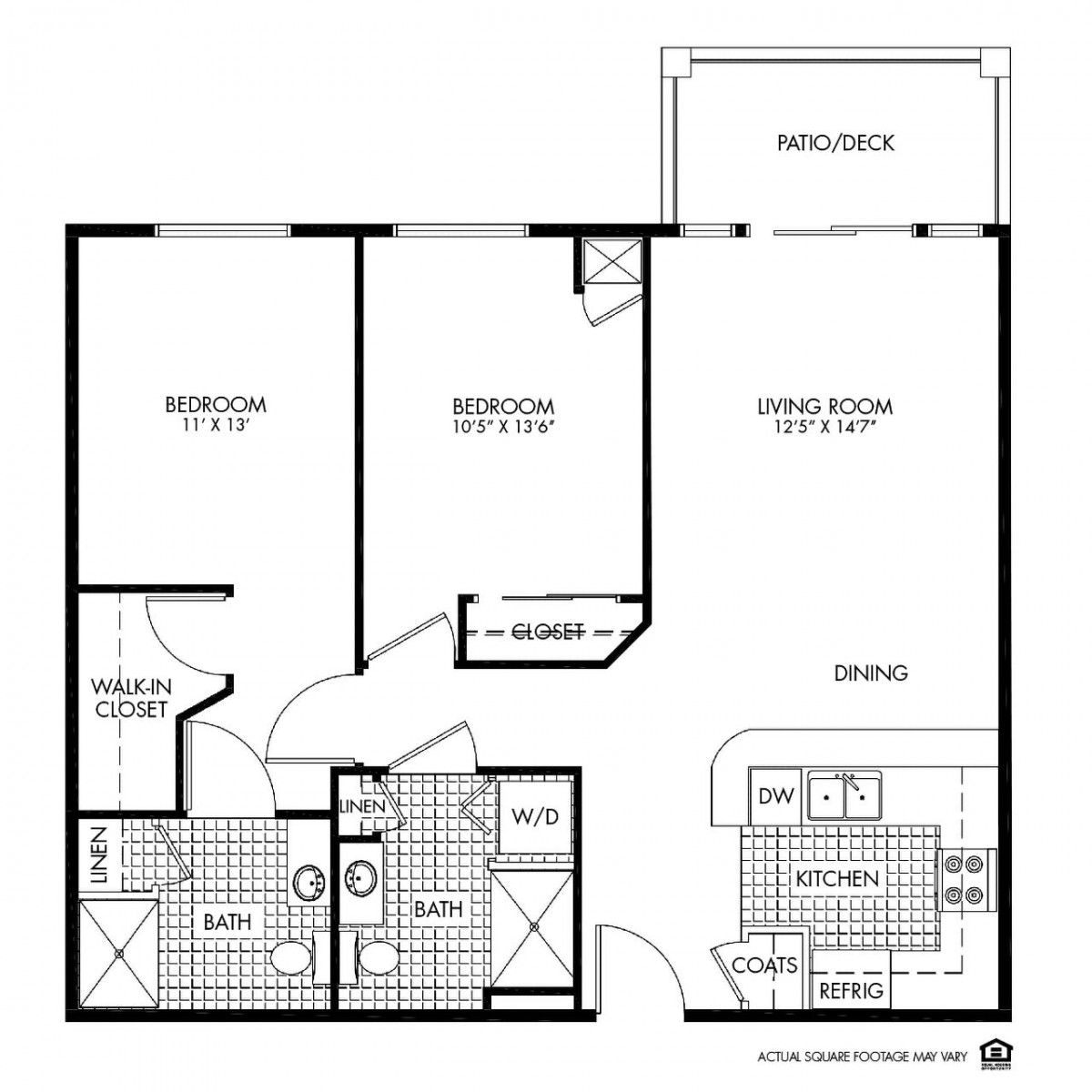 This image depicts a floor plan of an apartment with two bedrooms, two bathrooms, a kitchen, living room, and a balcony.