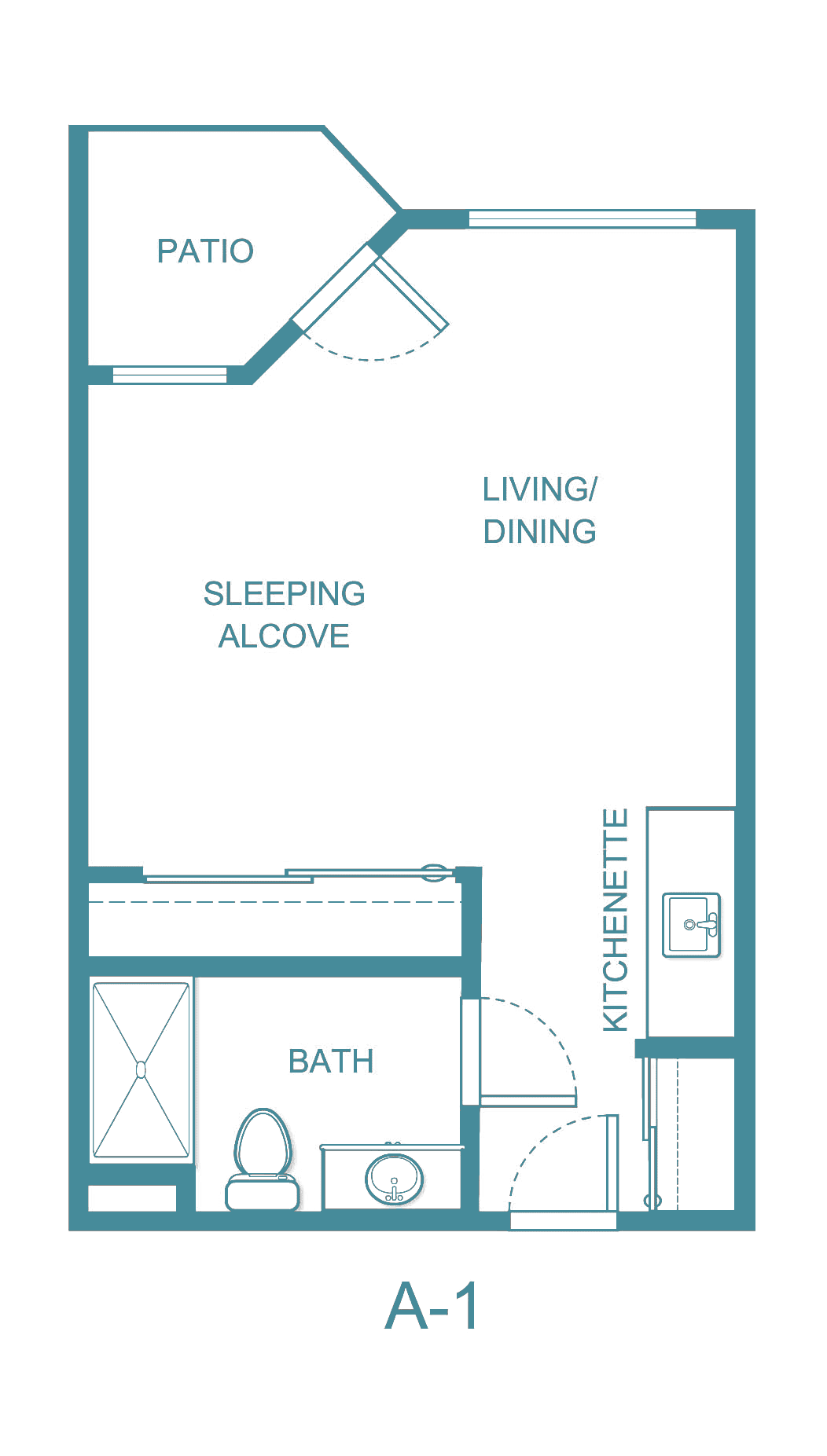 Studio apartment floor plan illustrating the layout of a sleeping alcove, living/dining area, kitchenette, and bathroom.