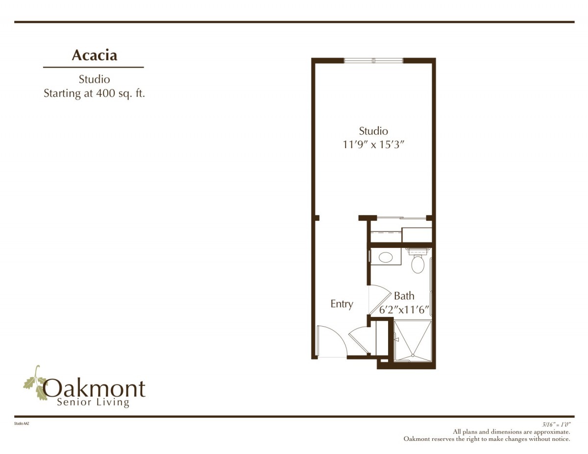 This is a floor plan for a studio apartment named 'Acacia', measuring 400 sq. ft.