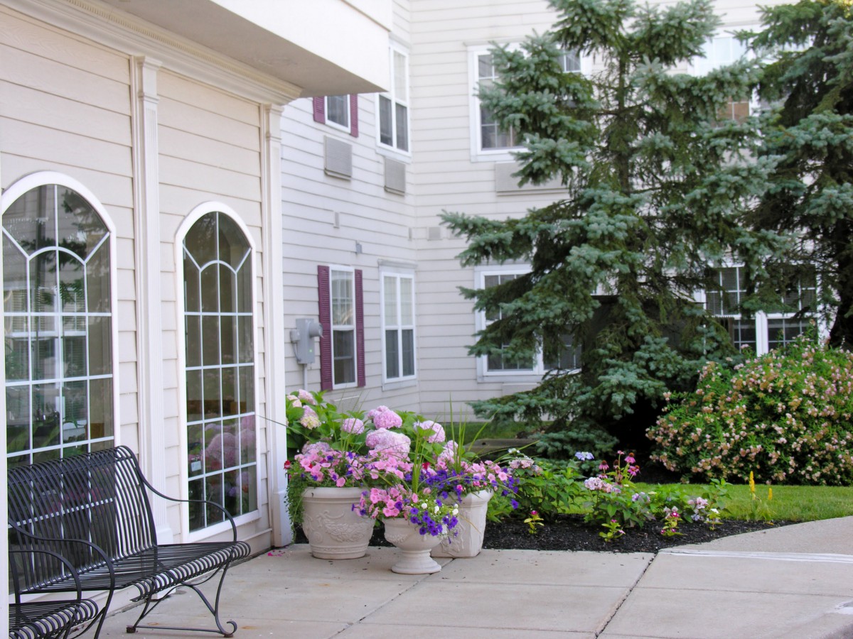 A peaceful patio area with a bench, potted flowers, and lush greenery next to a building.