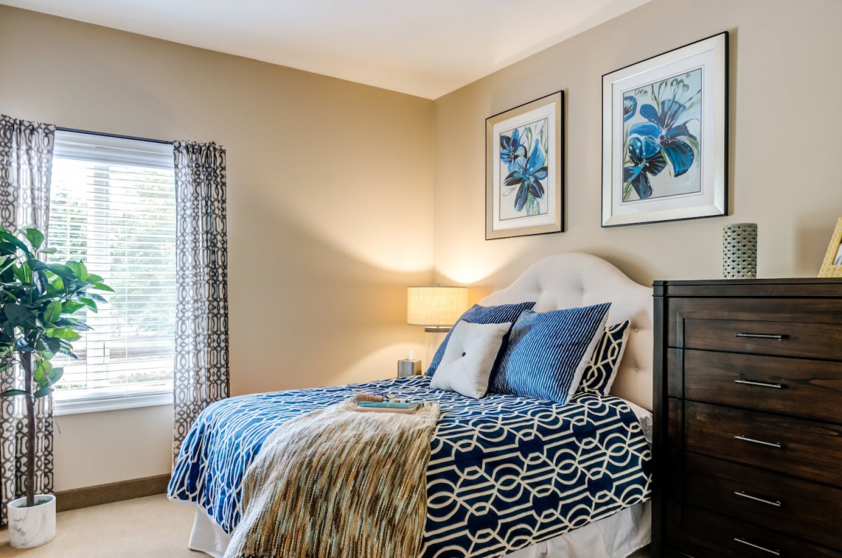 A cozy bedroom with modern decor featuring blue accents and framed artwork.