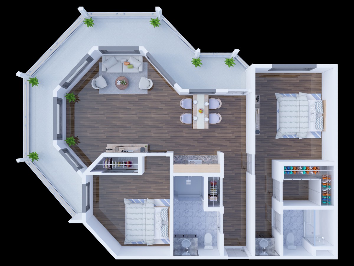 A detailed floor plan of a modern apartment with a living area, kitchen, and multiple rooms.