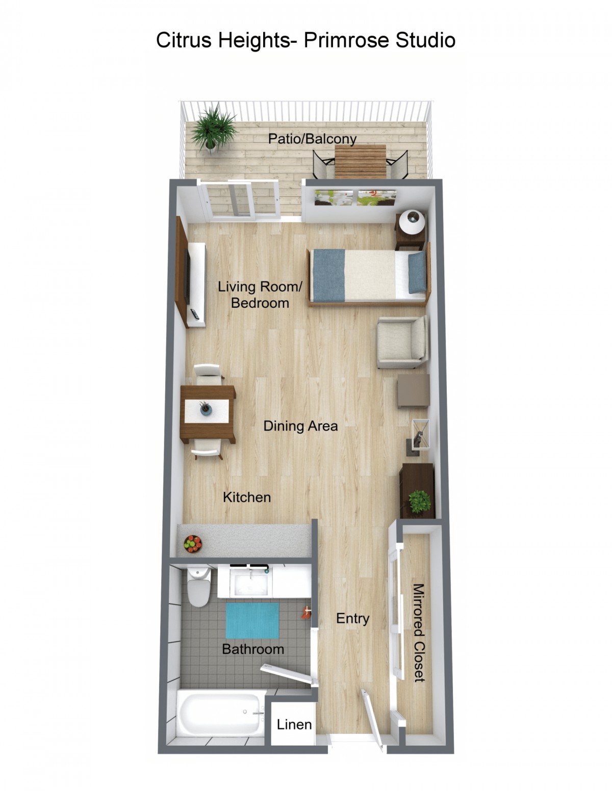 A one-bedroom apartment floor plan featuring a living room, dining area, kitchen, bedroom, bathroom, and a balcony.